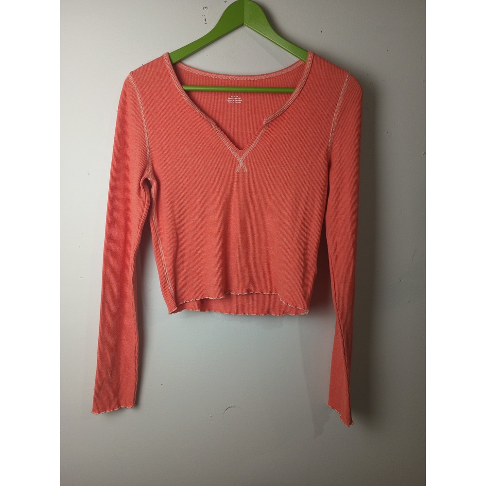 American Eagle Coral Pink Waffle Knit Notch Neck Cropped Long Sleeve Top Medium